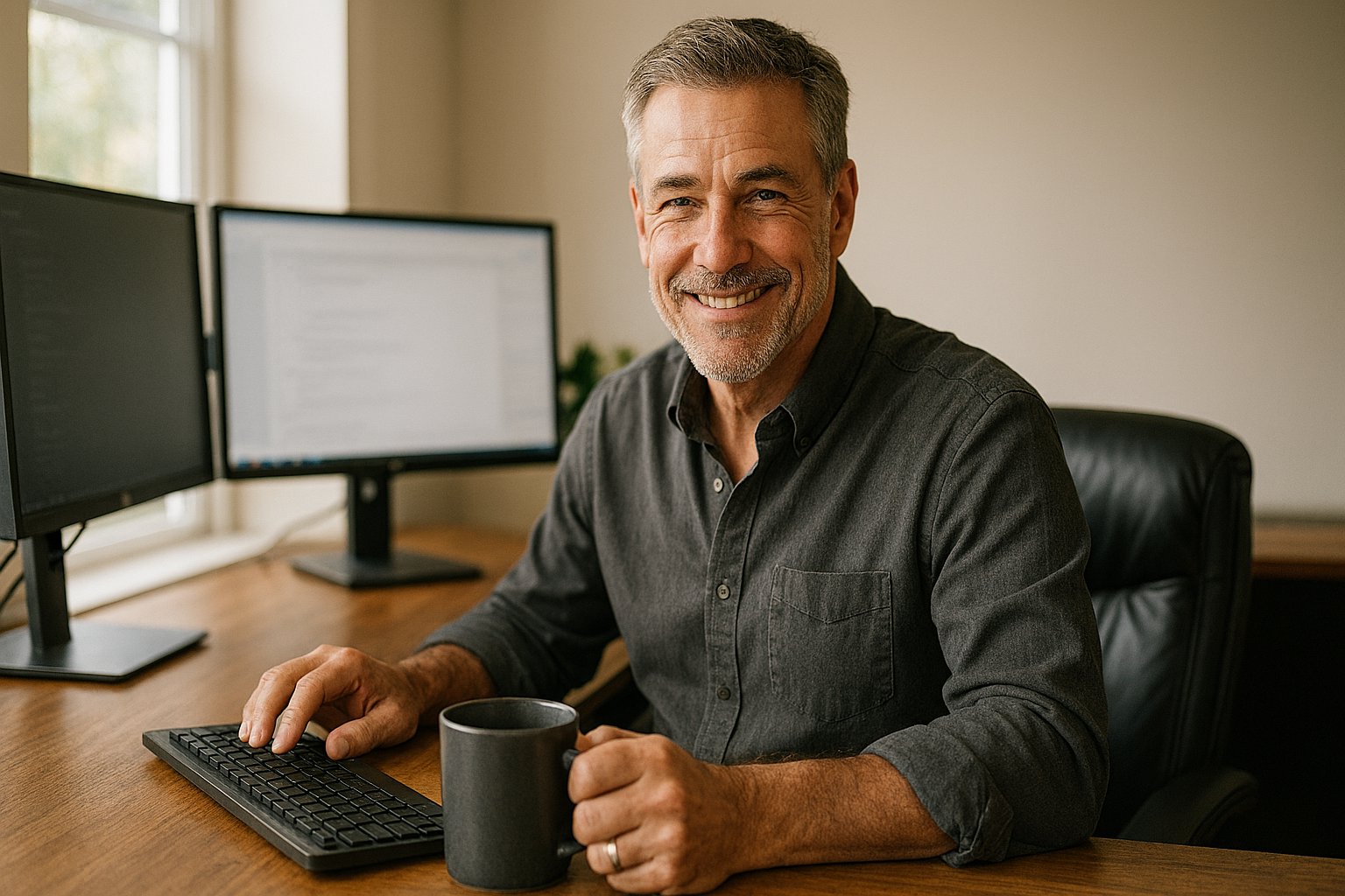 Experienced software professional at home office with dual monitors, smiling confidently