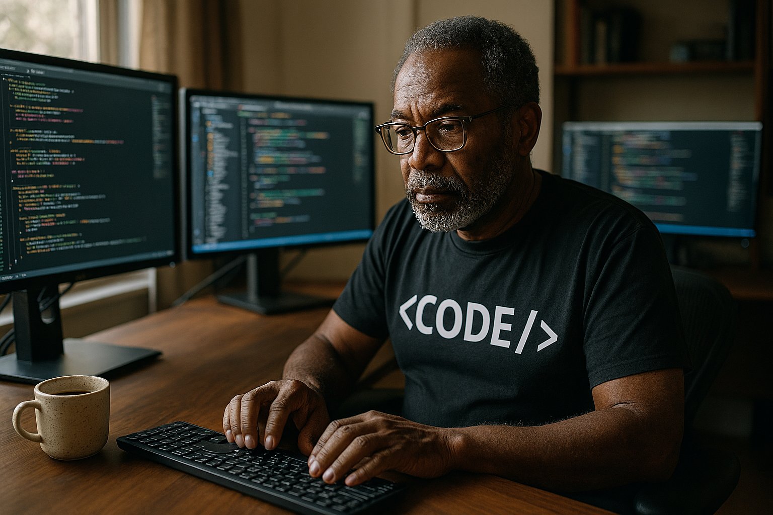 Experienced software engineer in vintage tshirt coding at three monitors