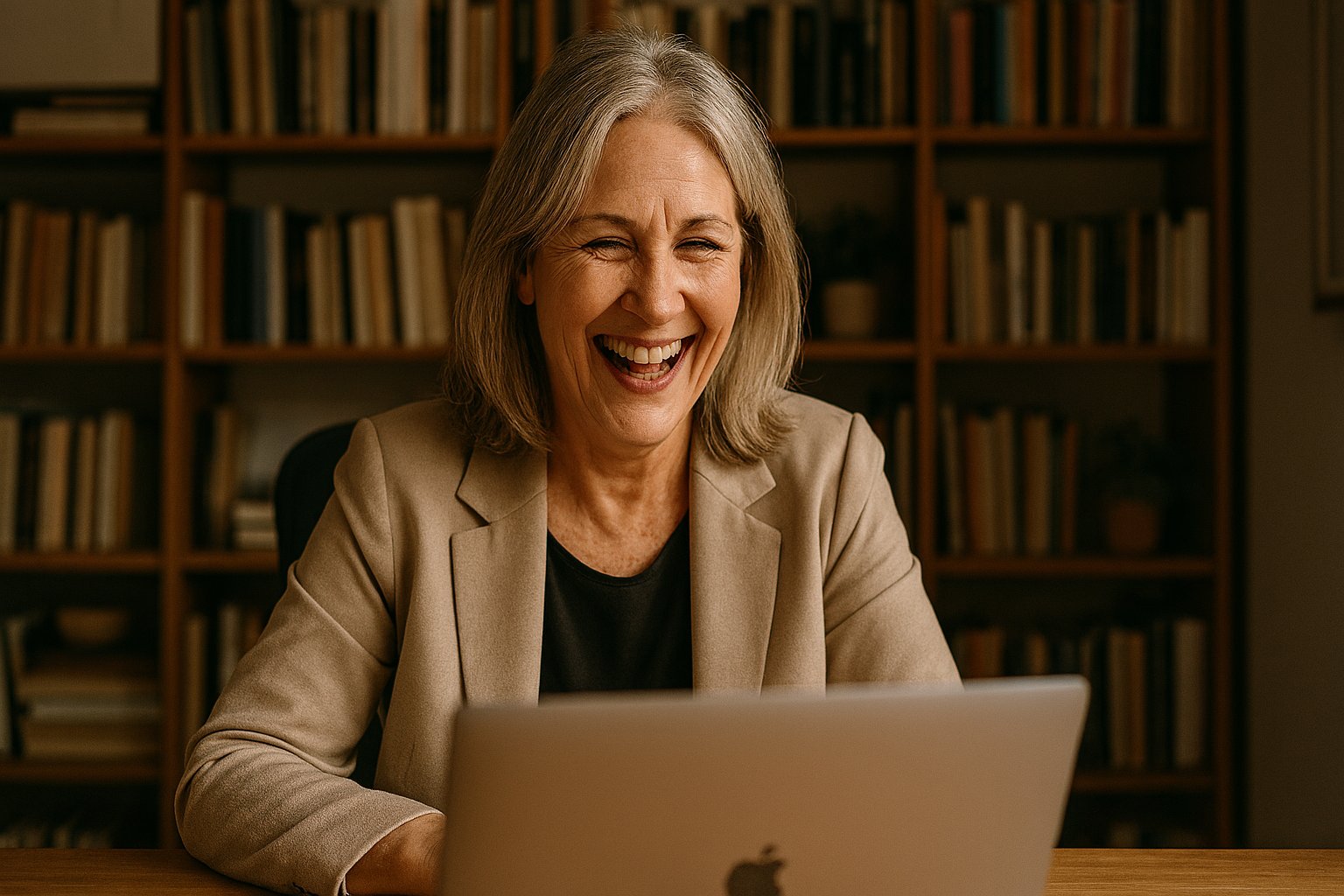 Experienced professional on video call, home library office