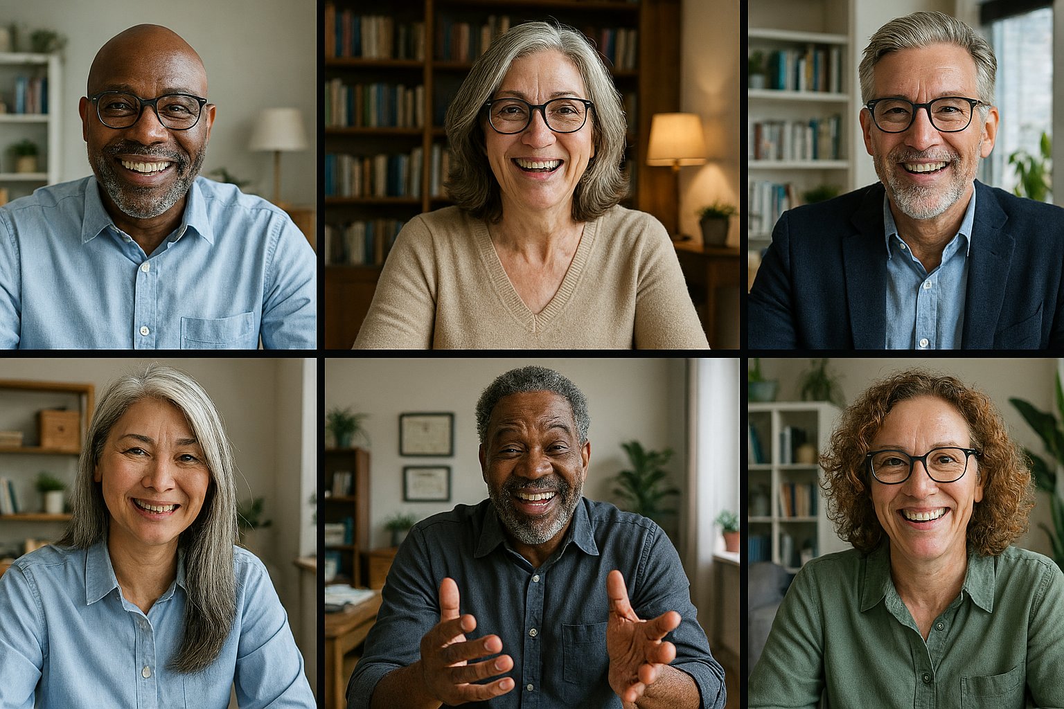 Six diverse older professionals on a Zoom call, all smiling and engaged